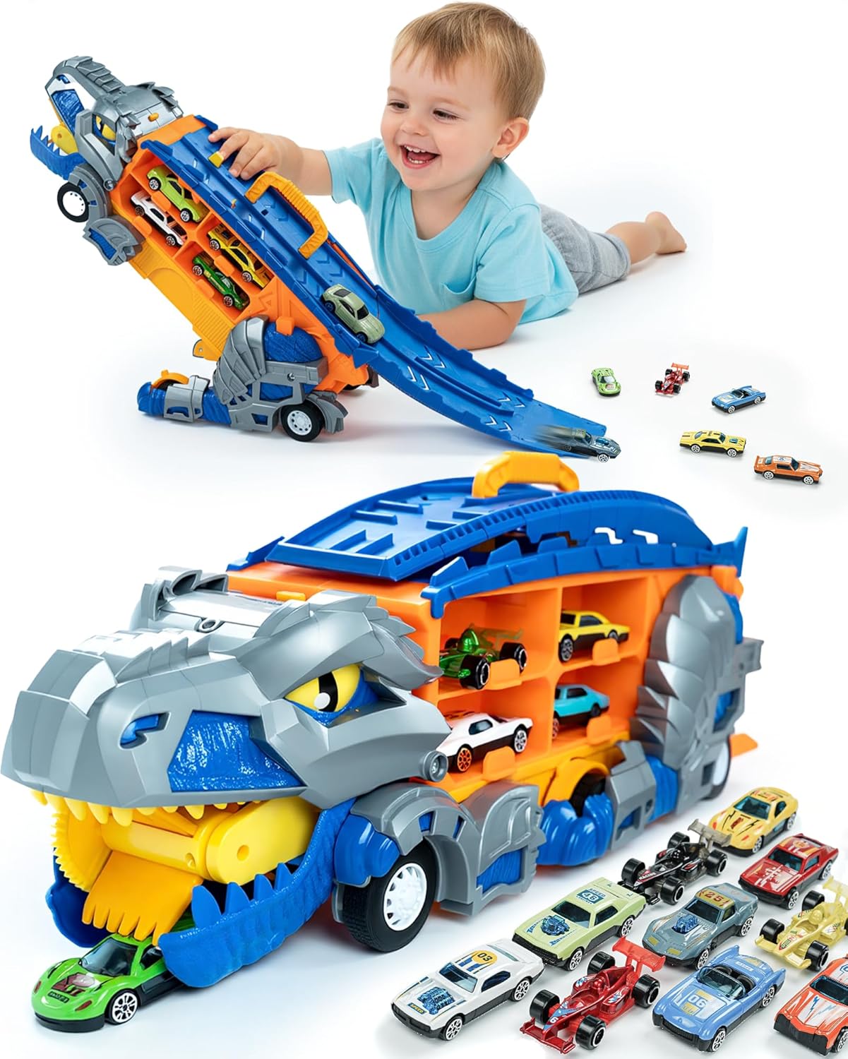 Dinosaur Truck Carrier Toy: 13-in-1 Foldable Race Track Set with 12 Cars & Sounds! 🦖🚚🏁🎁